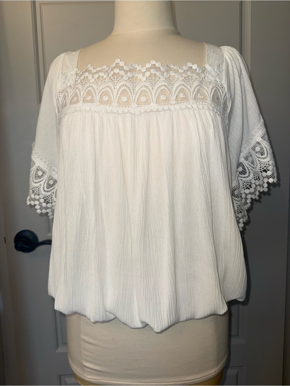 Women's White Lace-Trim Square Neck Blouse